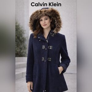 Calvin Klein Blue Wool Blend Coat Faux Fur Hood Winter Jacket